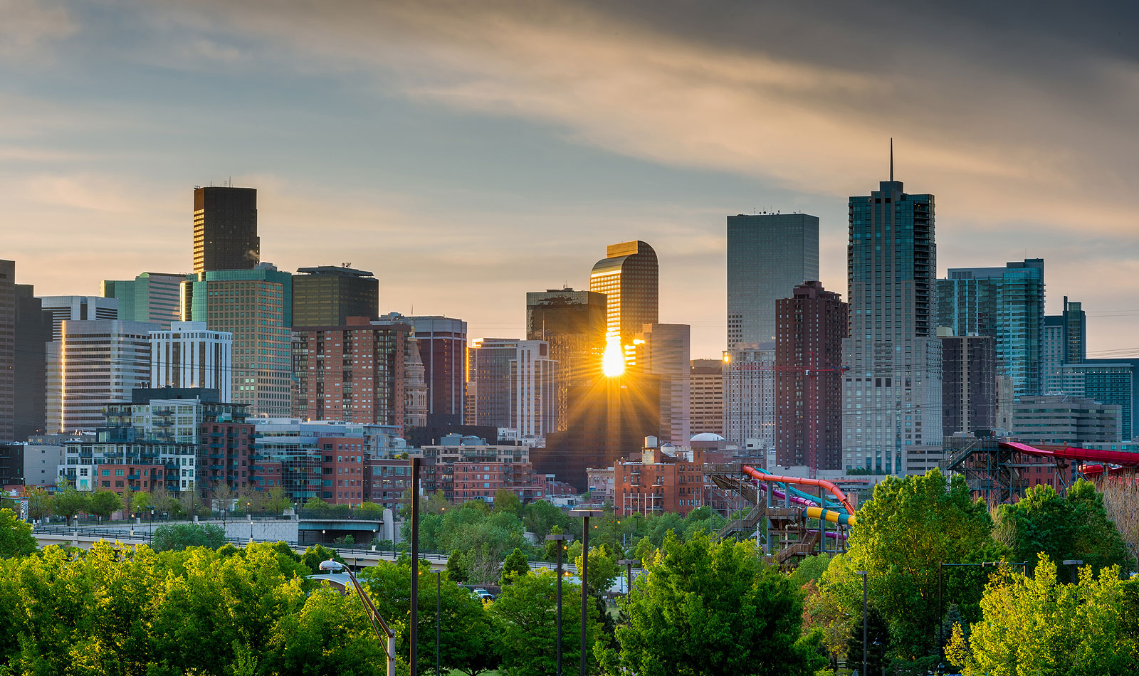 Sunset view of skyscrapers in Denver Colorado