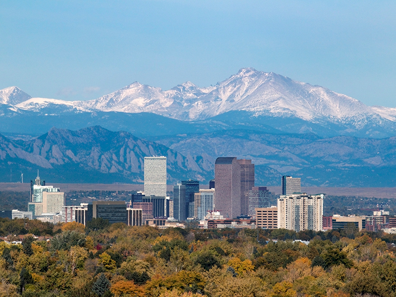 Denver, CO with view of Rocky Mountains range